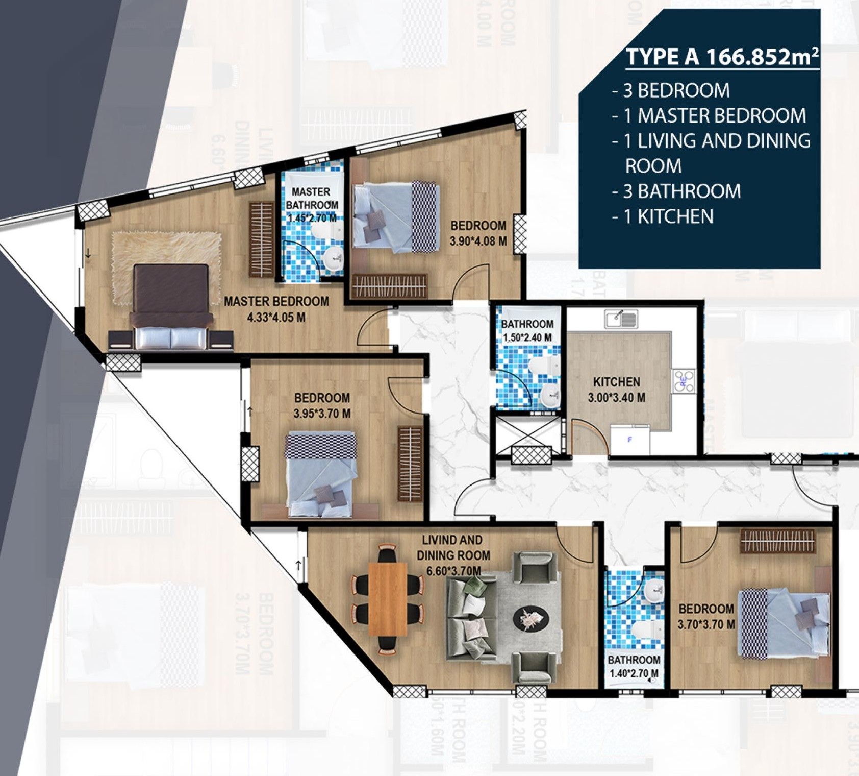 Floor plan of Type A unit at Finance House Apartments