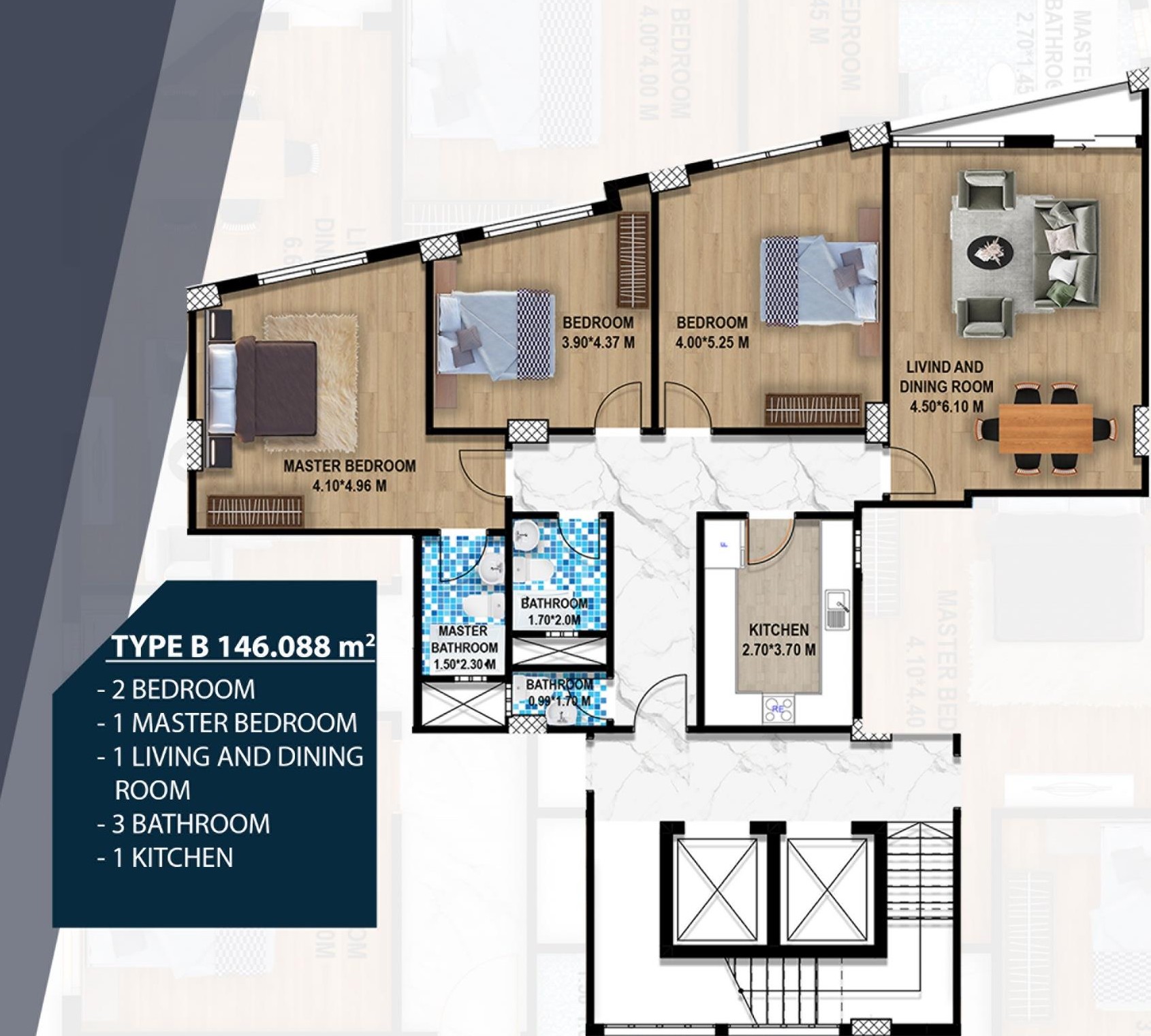 Floor plan of Type B unit at Finance House Apartments