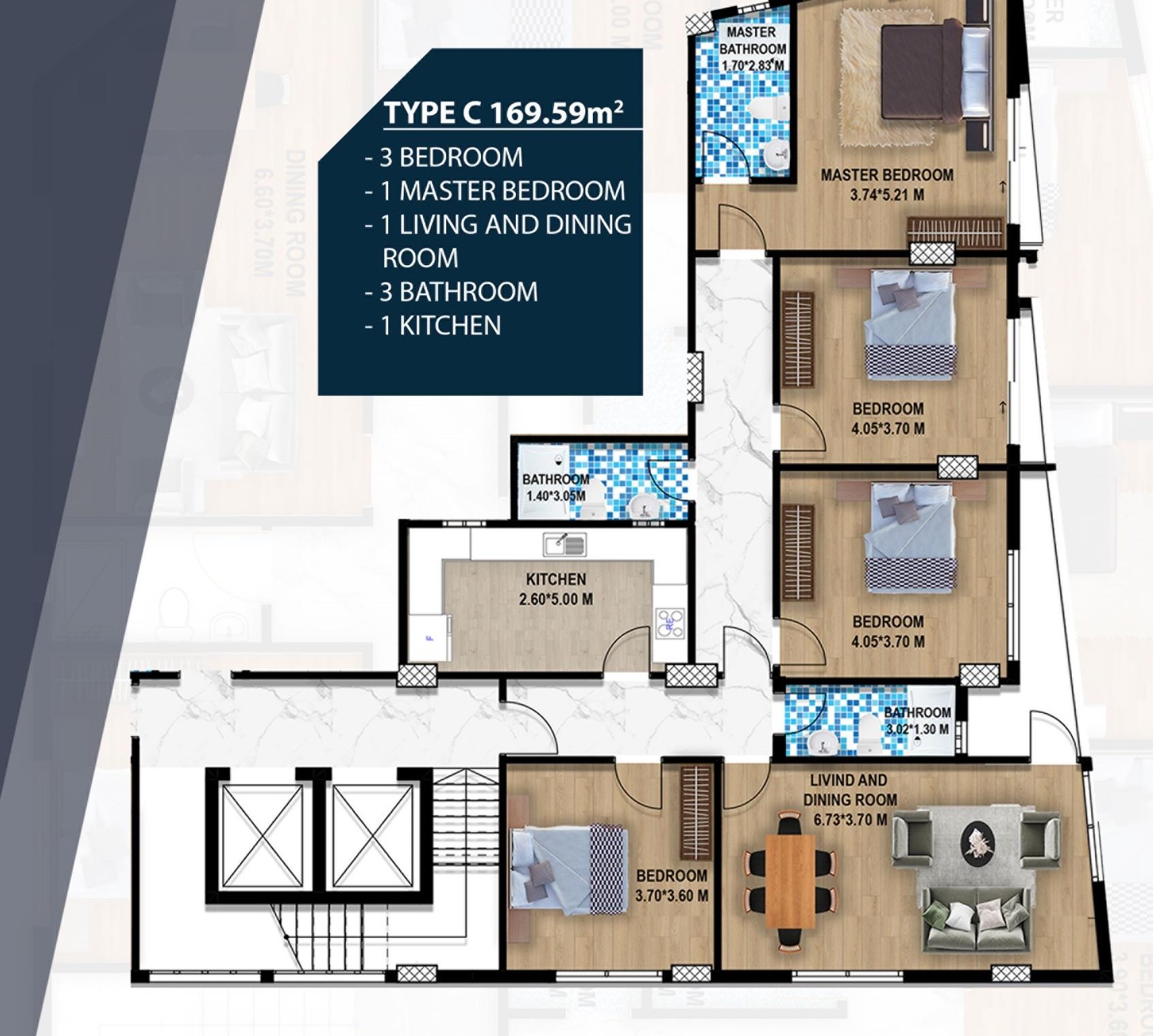 Floor plan of Type C unit at Finance House Apartments